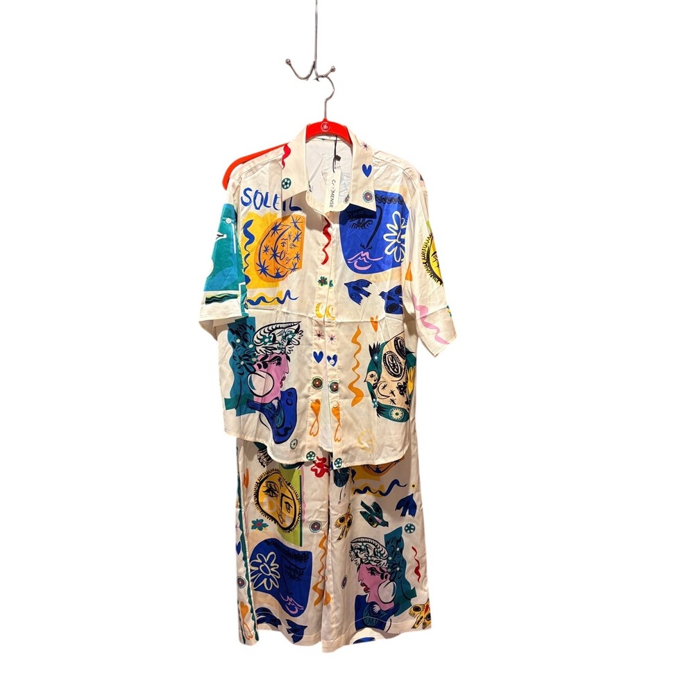 Commense 2 Piece Matching Set Medium Cream Multi NWT Graphic Print Palazzo Pants - Picture 2 of 7